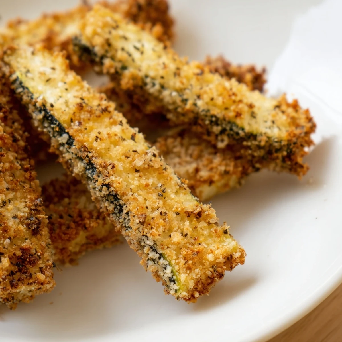 Freshly baked Crispy Zucchini Fries with Parmesan Cheese on a rustic platter.