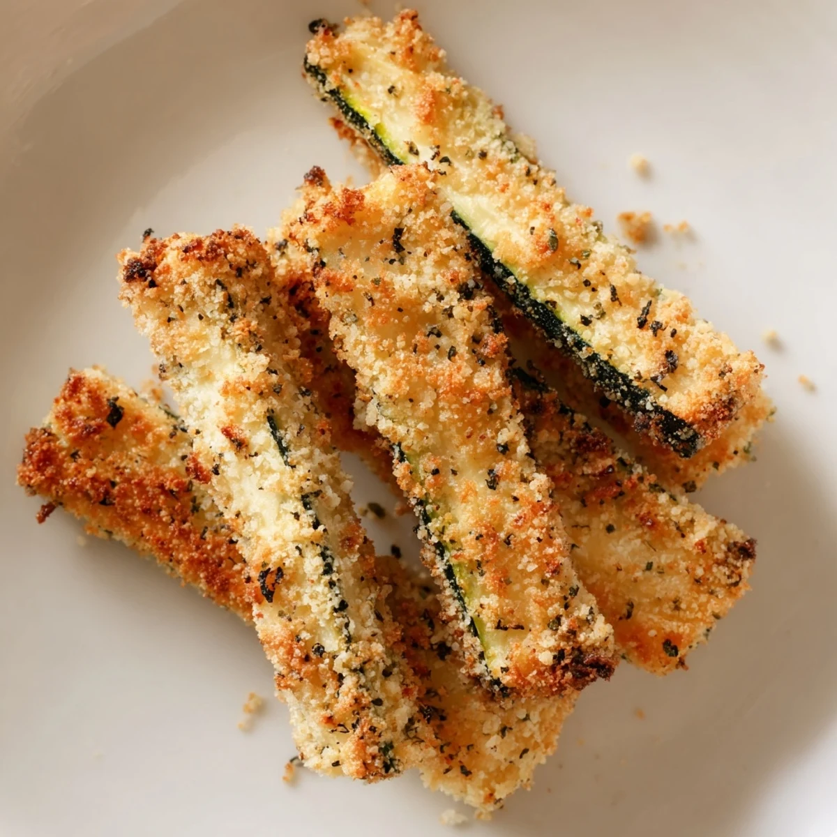 Oven-baked Crispy Zucchini Fries with Parmesan Cheese arranged next to a ramekin of dip.