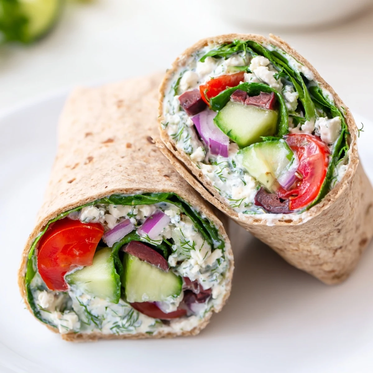 Fresh Mediterranean Wrap with Feta and Olives, sliced to show vibrant veggies and creamy herbed yogurt sauce.