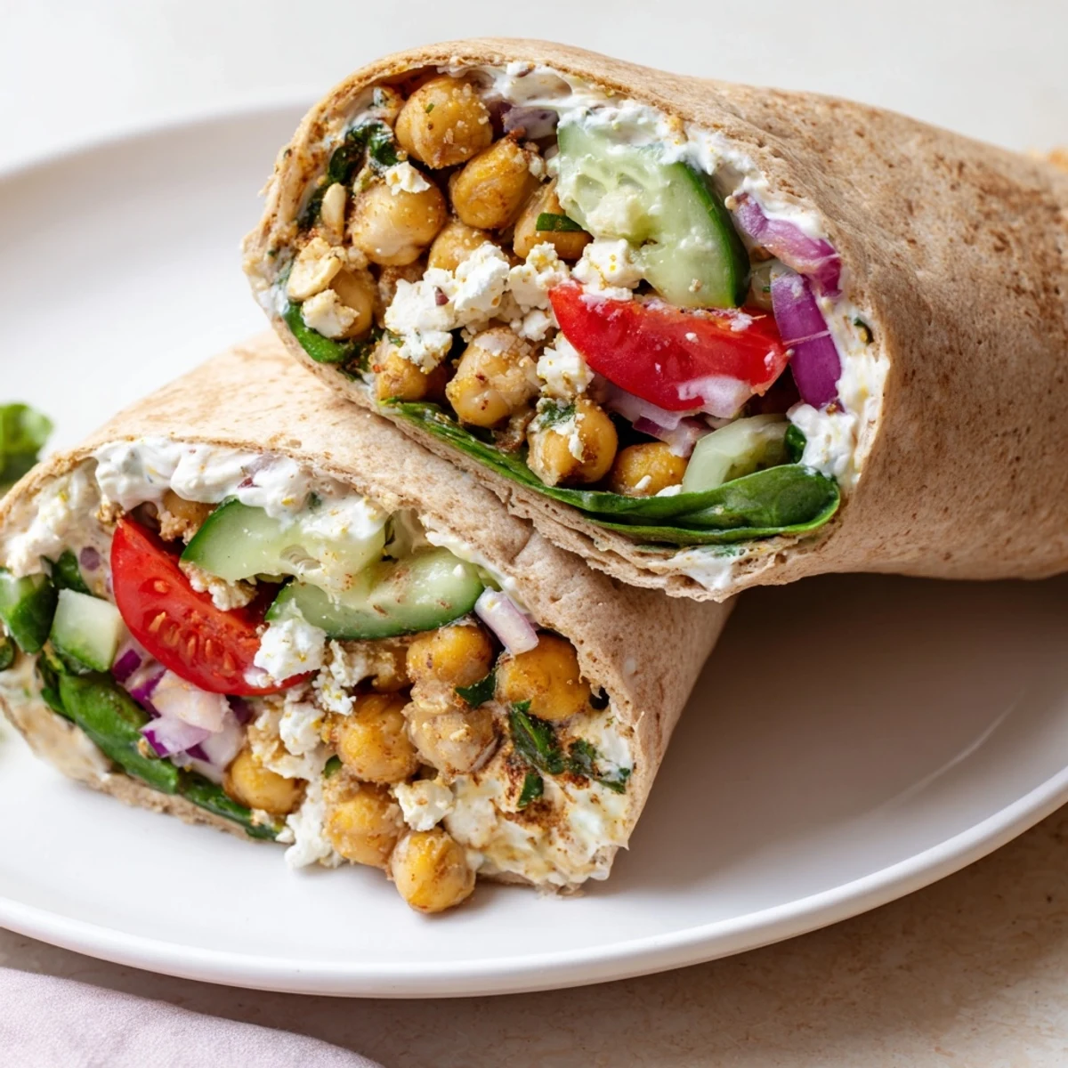 Freshly assembled Mediterranean Chickpea Wrap with spiced chickpeas, diced cucumber, and cherry tomatoes on a whole wheat tortilla, drizzled with creamy tahini-yogurt sauce.