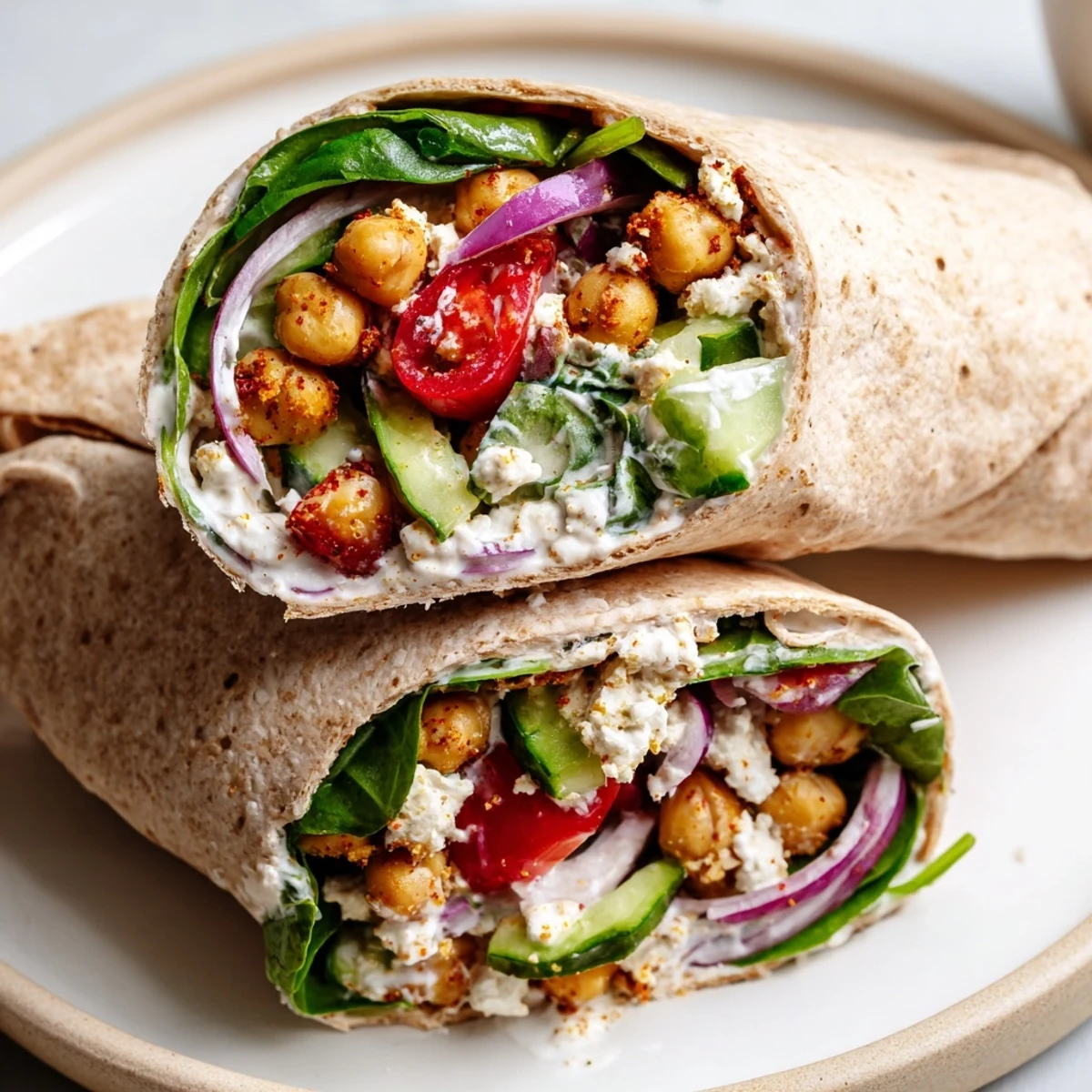 Close-up of a Mediterranean Chickpea Wrap, showcasing layers of crisp spinach, red onion, and crumbled feta cheese beside a bowl of creamy tahini-yogurt sauce.