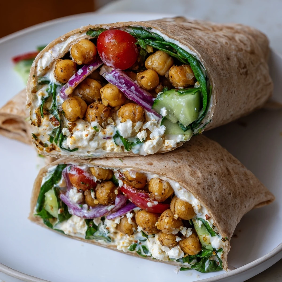 A golden-brown Mediterranean Chickpea Wrap sliced in half, revealing spiced chickpea filling and fresh vegetables, ready to serve for a quick vegetarian lunch.