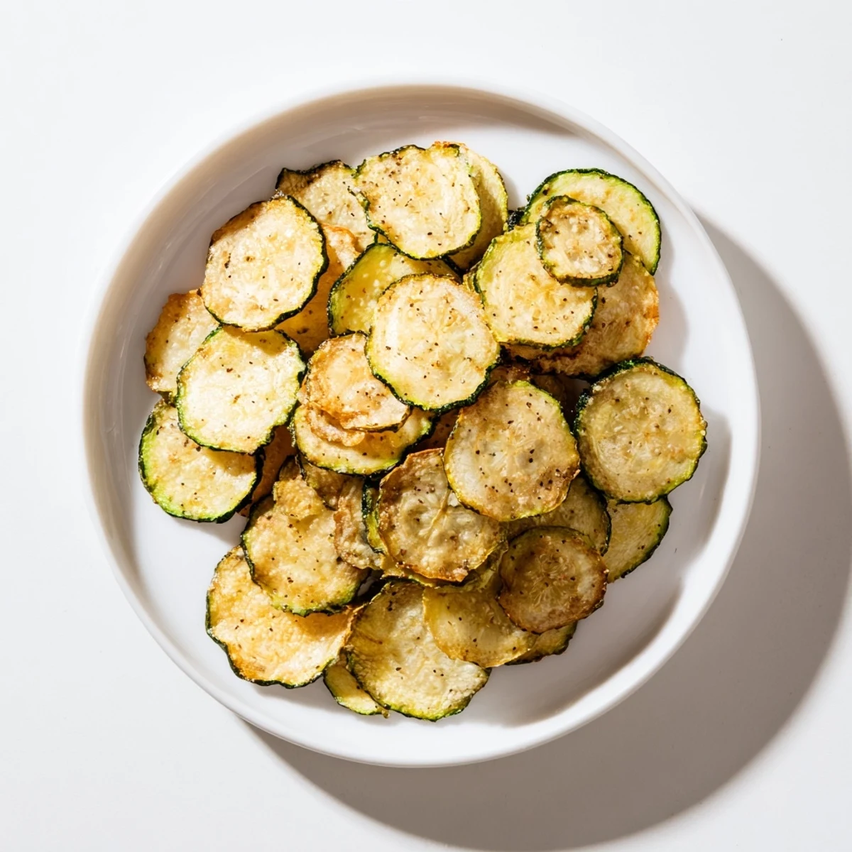Golden brown Crispy Zucchini Chips baked on a parchment-lined tray, seasoned with sea salt and smoked paprika.