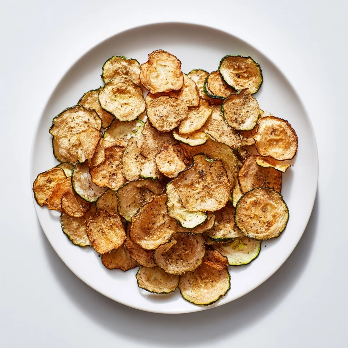 Lightly seasoned Crispy Zucchini Chips arranged on a wire rack, cooling to a perfectly crunchy texture.
