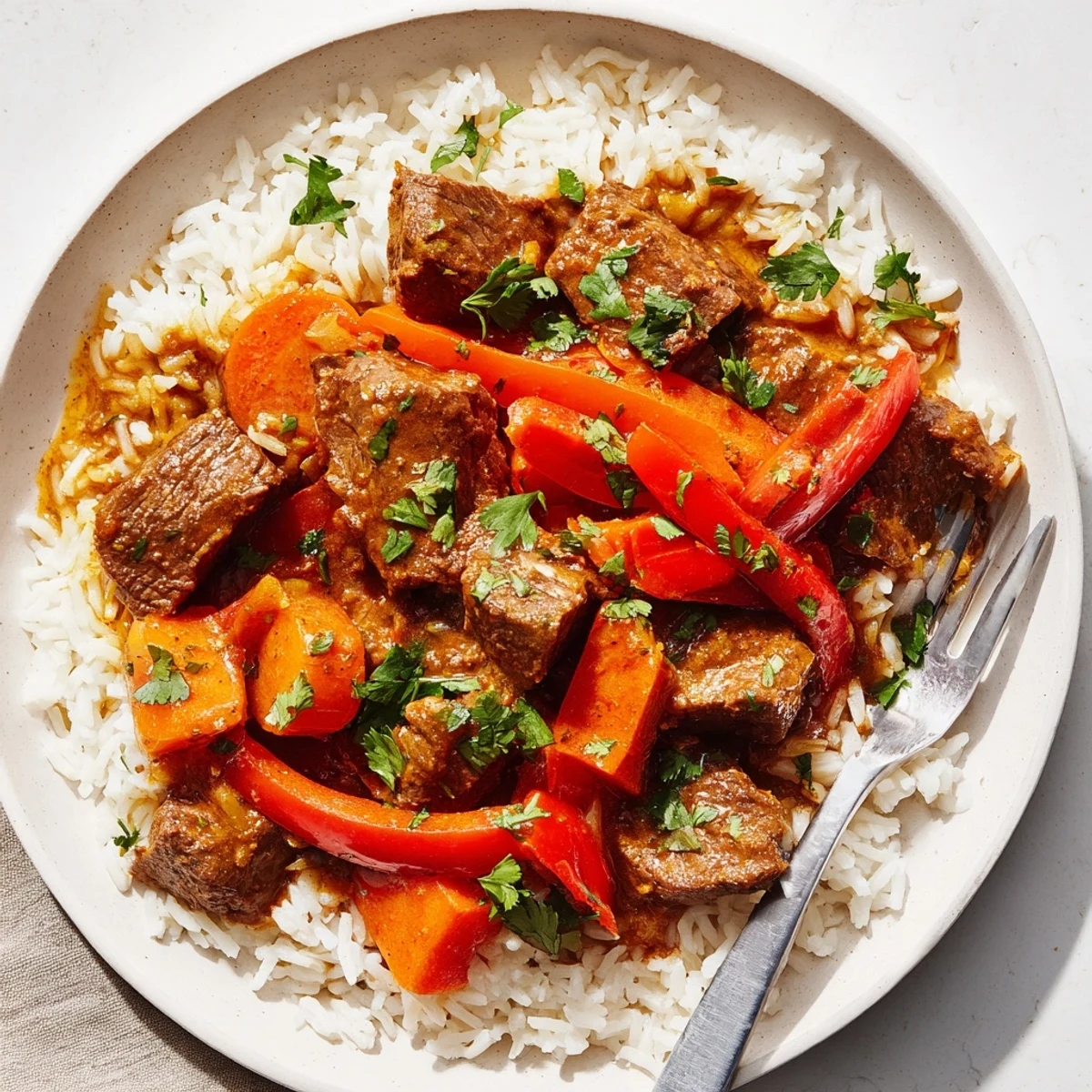 Tender beef chunks simmered in a creamy, aromatic slow cooker beef curry garnished with fresh cilantro.  