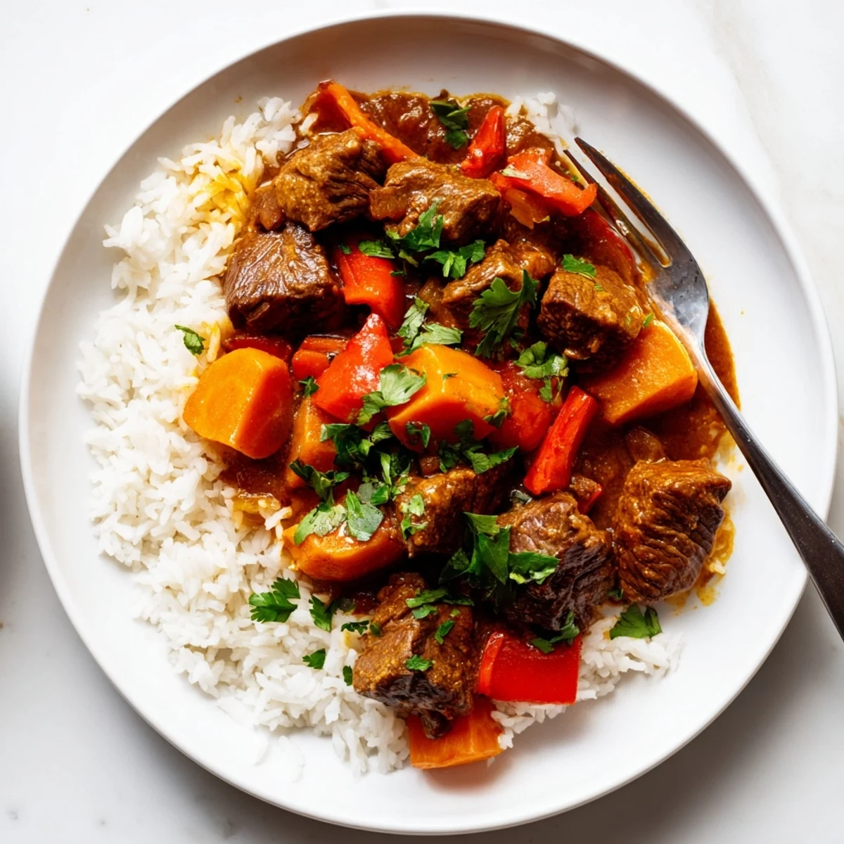 Hearty slow cooker beef curry served over fluffy basmati rice with vibrant carrots and bell peppers.  
