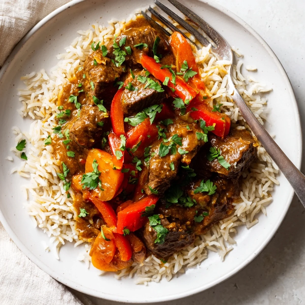 A steaming bowl of slow cooker beef curry, perfect for a comforting family dinner, rich with spices.