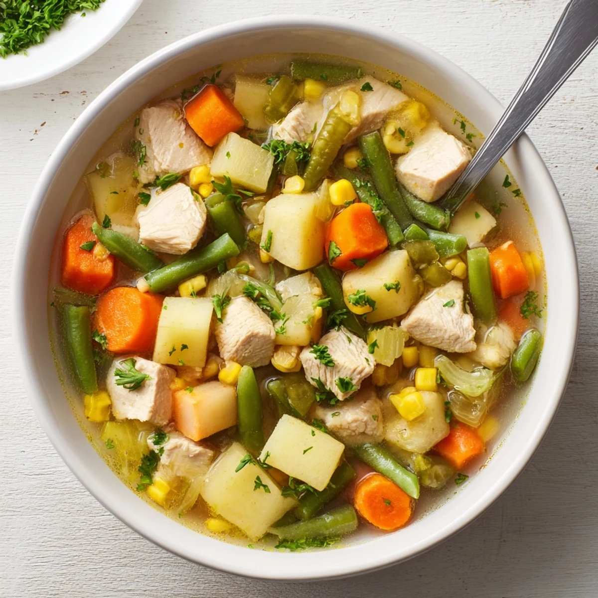 Hearty homemade chicken vegetable soup simmering in a pot, featuring green beans, corn, and aromatic herbs for a comforting meal.  