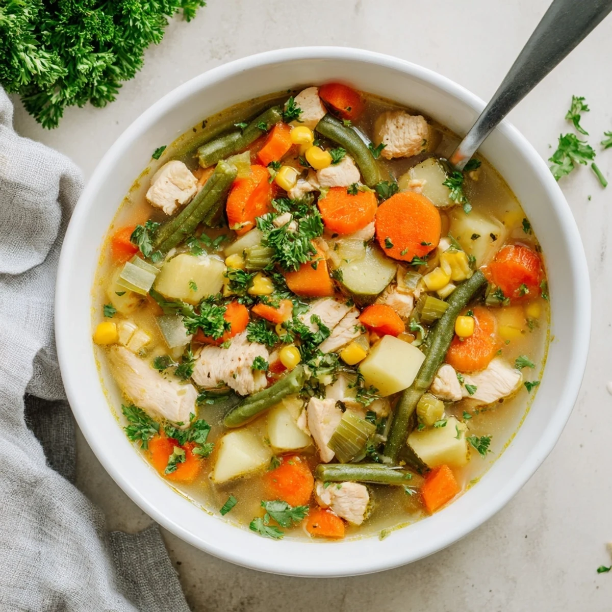 Steaming bowl of chicken vegetable soup with tender chicken pieces, carrots, celery, and potatoes, garnished with fresh parsley.  
