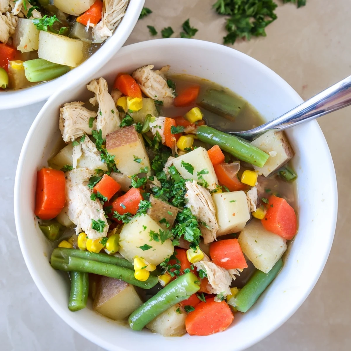Serving bowls of gluten-free chicken vegetable soup, bright with lemon juice and fresh parsley, ready to enjoy on a cozy day.