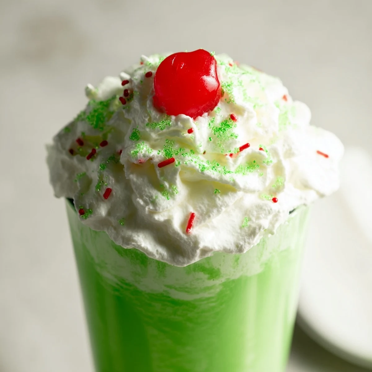 Homemade Shamrock Shake with Whipped Cream featuring a vibrant green hue and a maraschino cherry for a refreshing dessert.