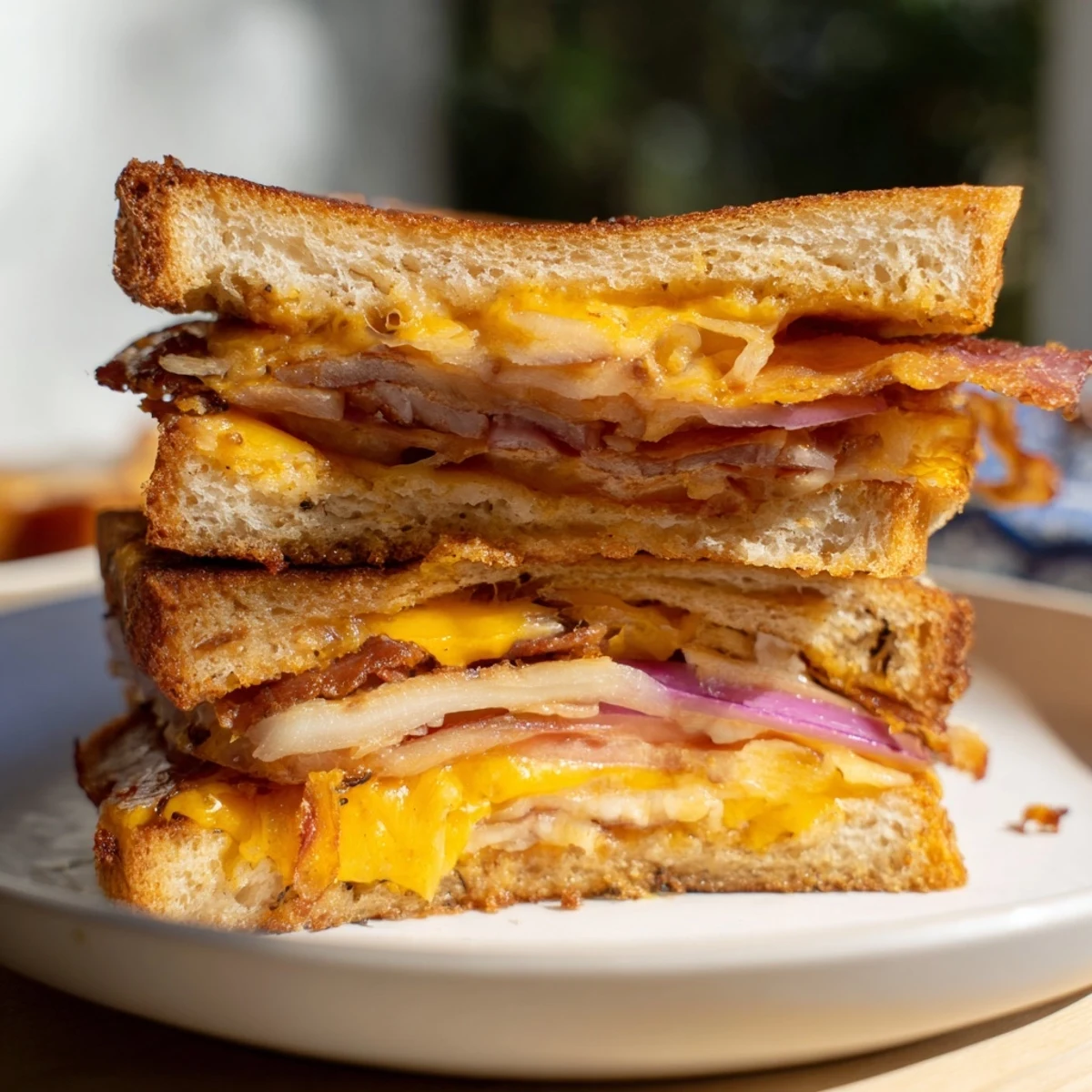 Golden-brown Gridiron Grilled Cheese sandwiches with crispy beef bacon and melted cheddar, sliced to show the gooey interior.  