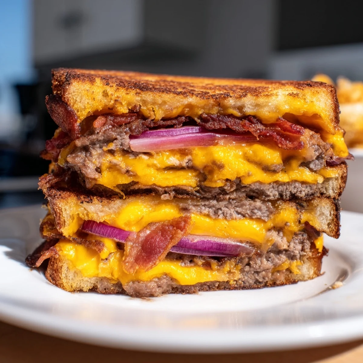 Perfectly grilled Gridiron Grilled Cheese with beef bacon on buttery sourdough, served hot with a side of tomato soup.  