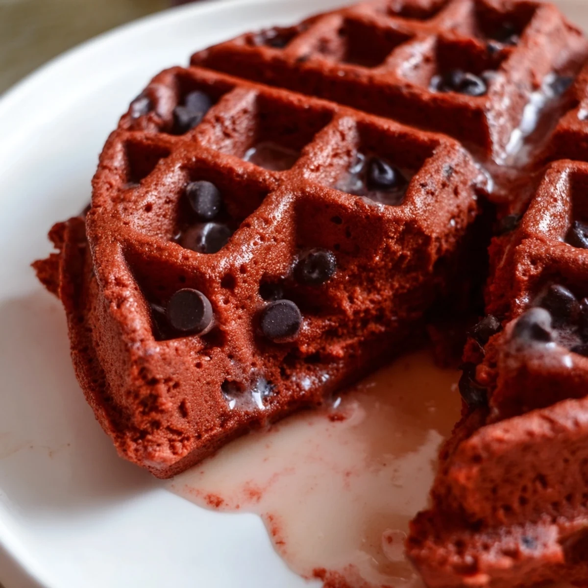 Fluffy Red Velvet Waffles with Cream Cheese Syrup drizzled over the warm, chocolatey waffles, served on a plate with fresh berries.