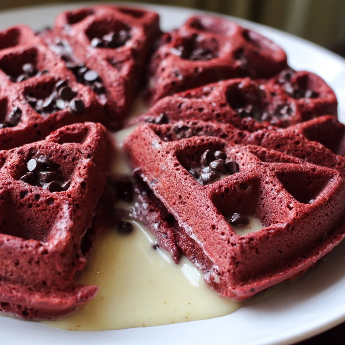 A festive plate of Red Velvet Waffles with Cream Cheese Syrup, drizzled generously with syrup and topped with fresh berries for a sweet brunch treat.