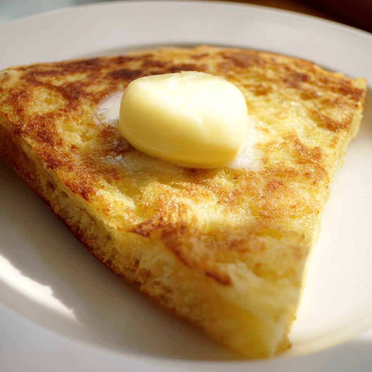 Freshly pan-fried Irish Potato Bread with golden-brown edges and a soft, fluffy interior, served warm with a generous pat of melting butter.  