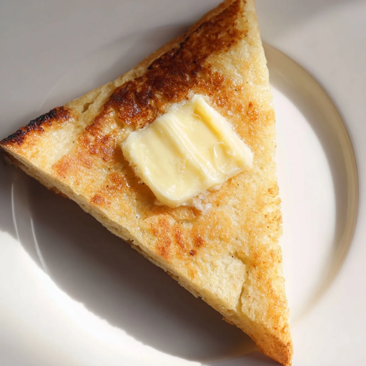 Homemade Irish Potato Bread slices resting on a rustic wooden board, ready to be enjoyed with creamy butter for a traditional breakfast.  