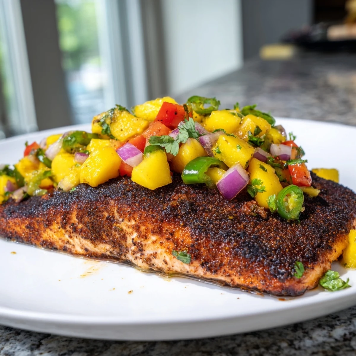 Sizzling blackened salmon fillets topped with vibrant mango salsa, served on a plate.