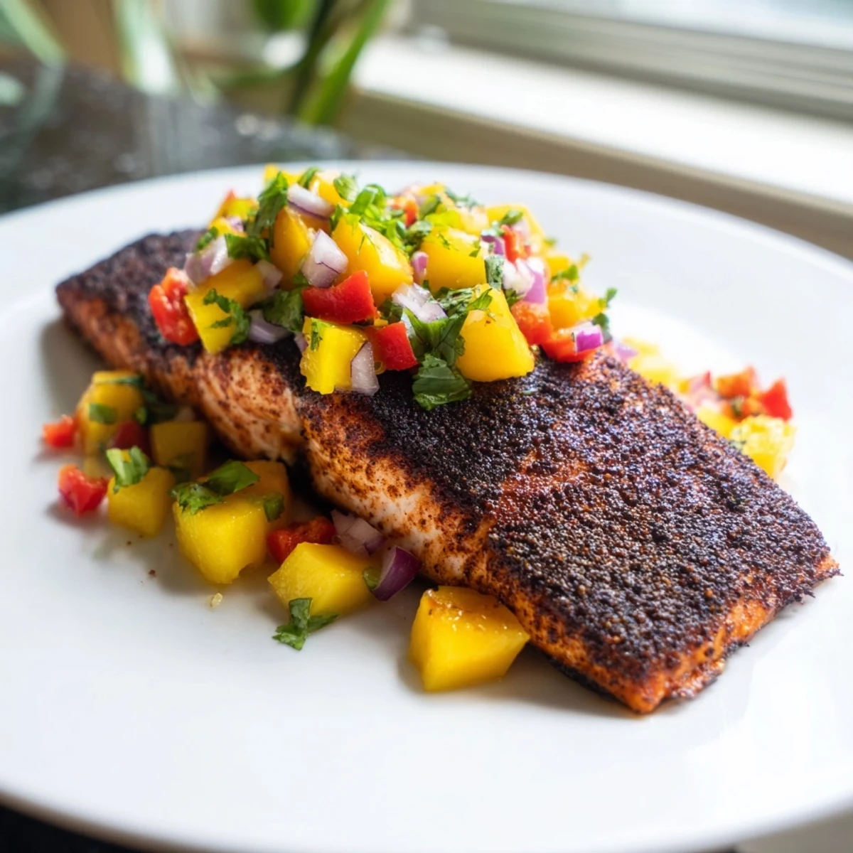 Blackened salmon garnished with fresh cilantro and served alongside a colorful mango salsa.