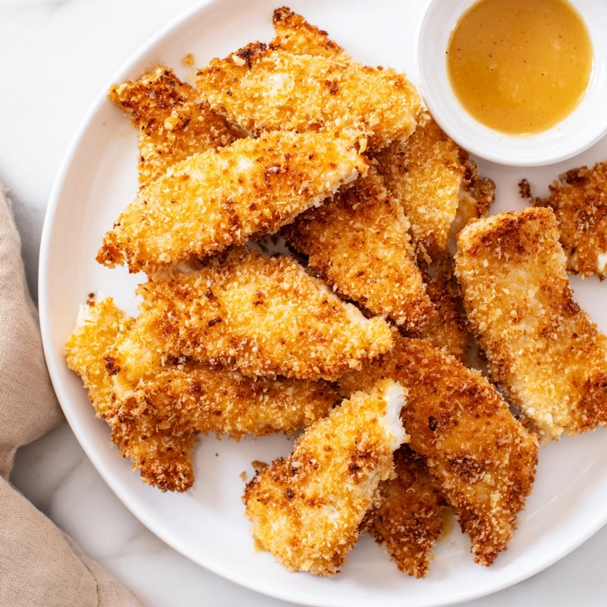 Crispy baked chicken tenders with honey mustard arranged on a plate with a small dipping cup, showcasing golden brown breading and juicy meat.
