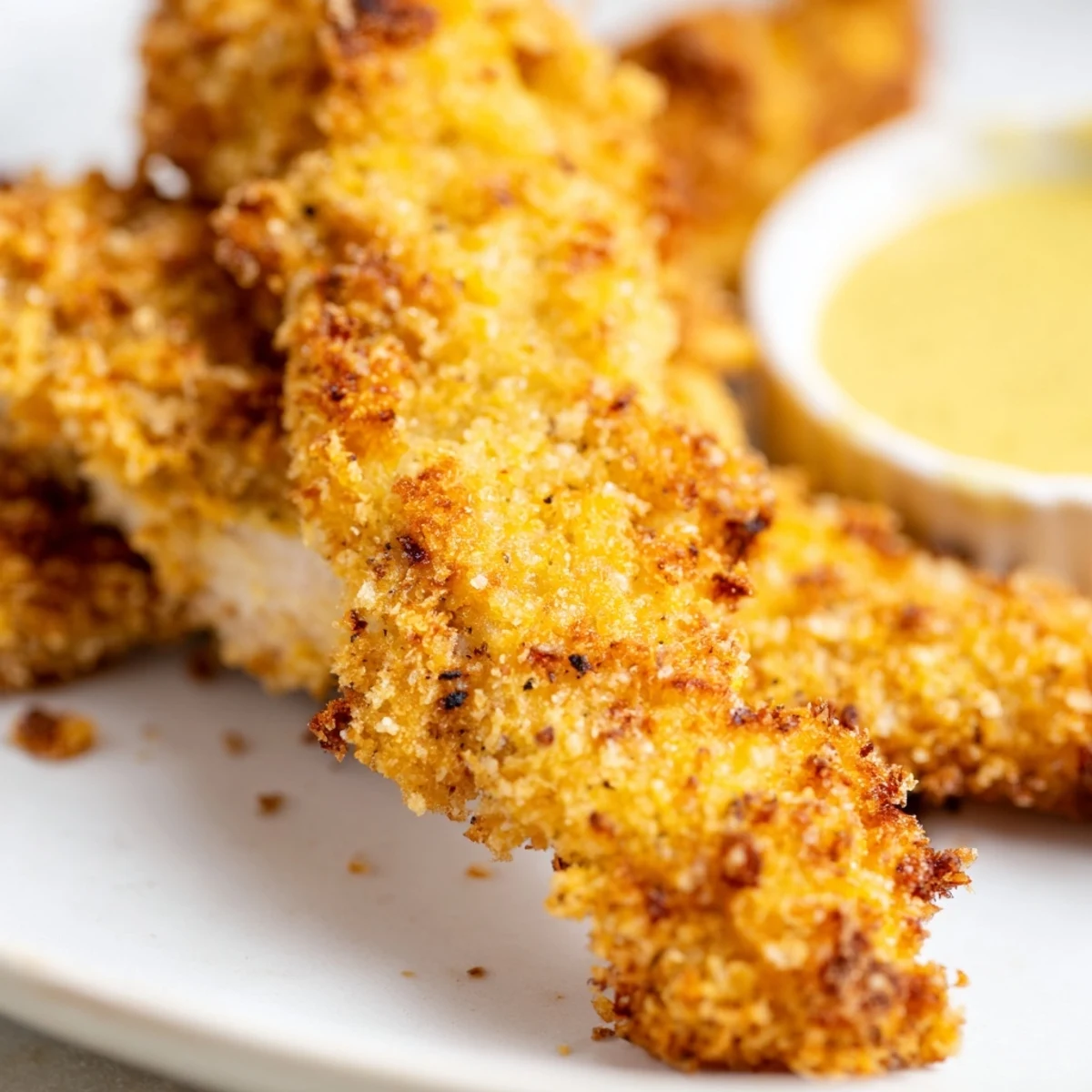 Serve golden Crispy Baked Chicken Tenders with Honey Mustard alongside fresh veggies and fries for a balanced, crunchy, and satisfying American meal.