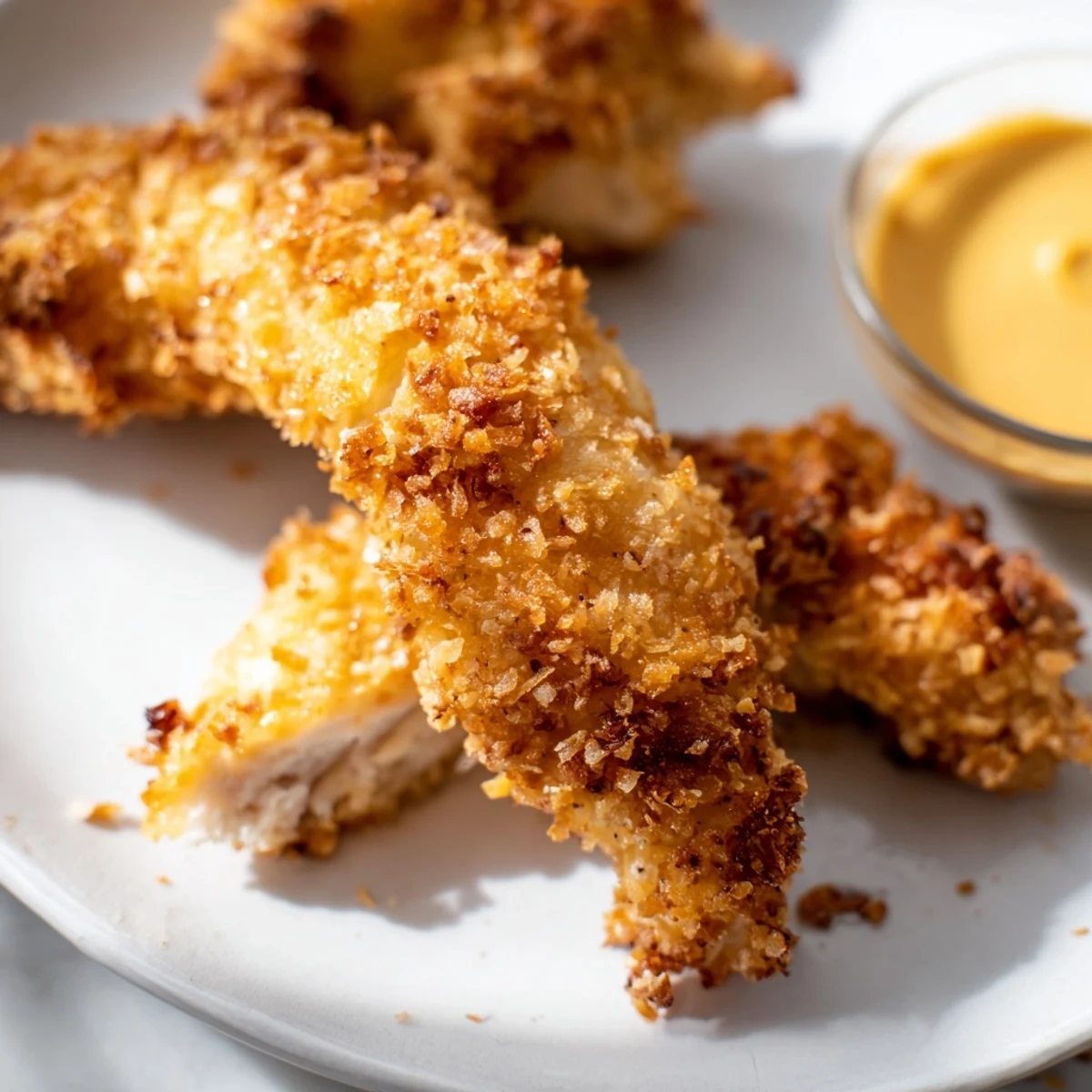 Perfectly baked Crispy Baked Chicken Tenders with Honey Mustard on a rustic platter, ideal for a family-friendly weeknight dinner or casual gathering.