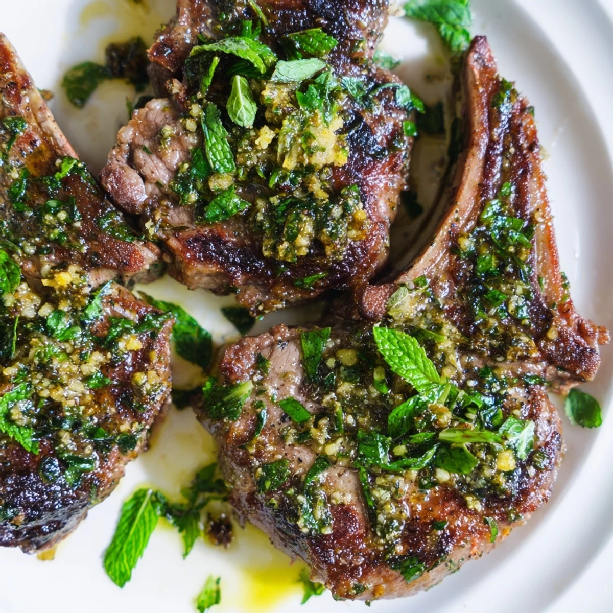 Golden-brown garlic herb roasted lamb chops garnished with fresh mint and lemon zest on a rustic wooden board.  