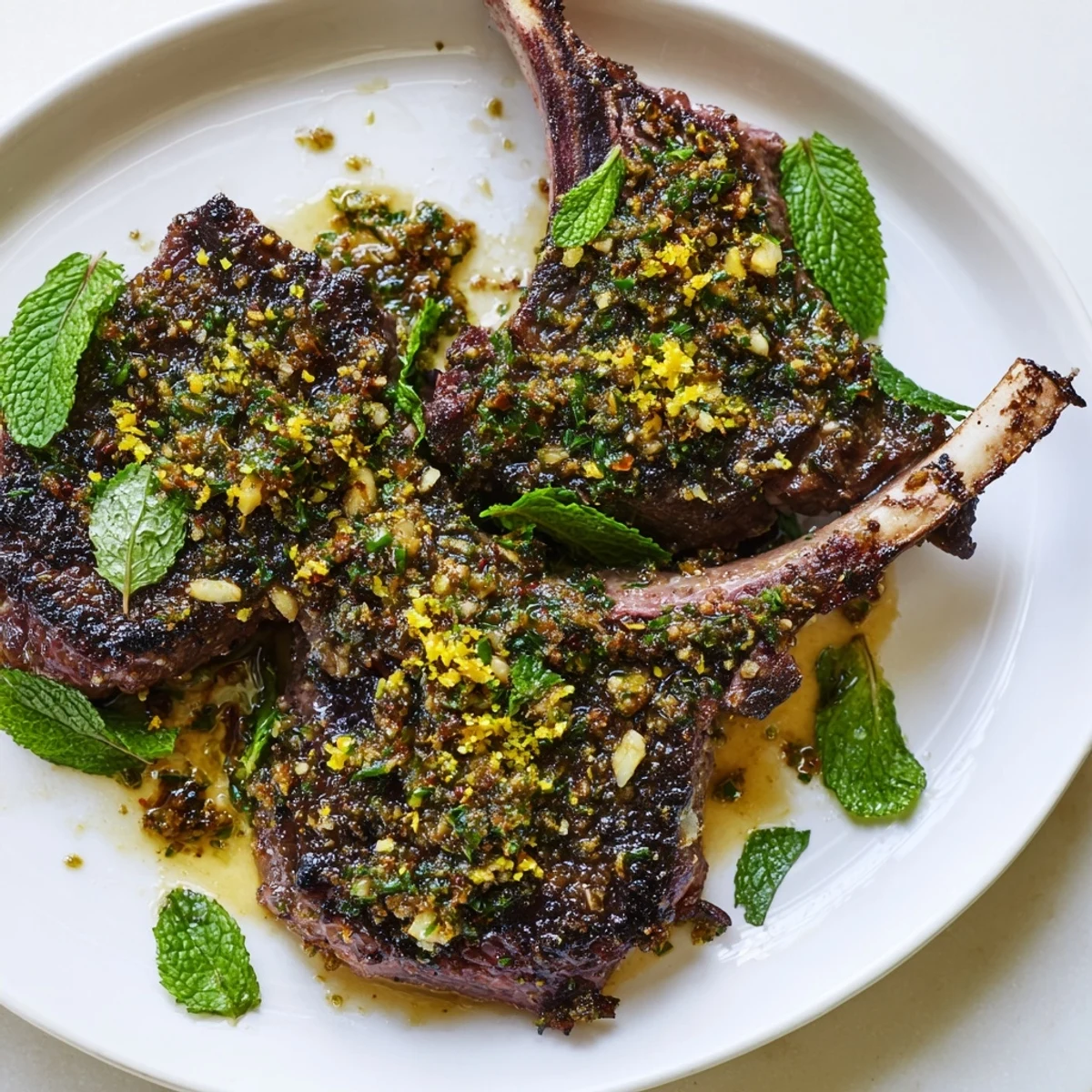 Freshly roasted garlic herb lamb chops rest on a white plate, garnished with vibrant chopped mint and lemon zest.  