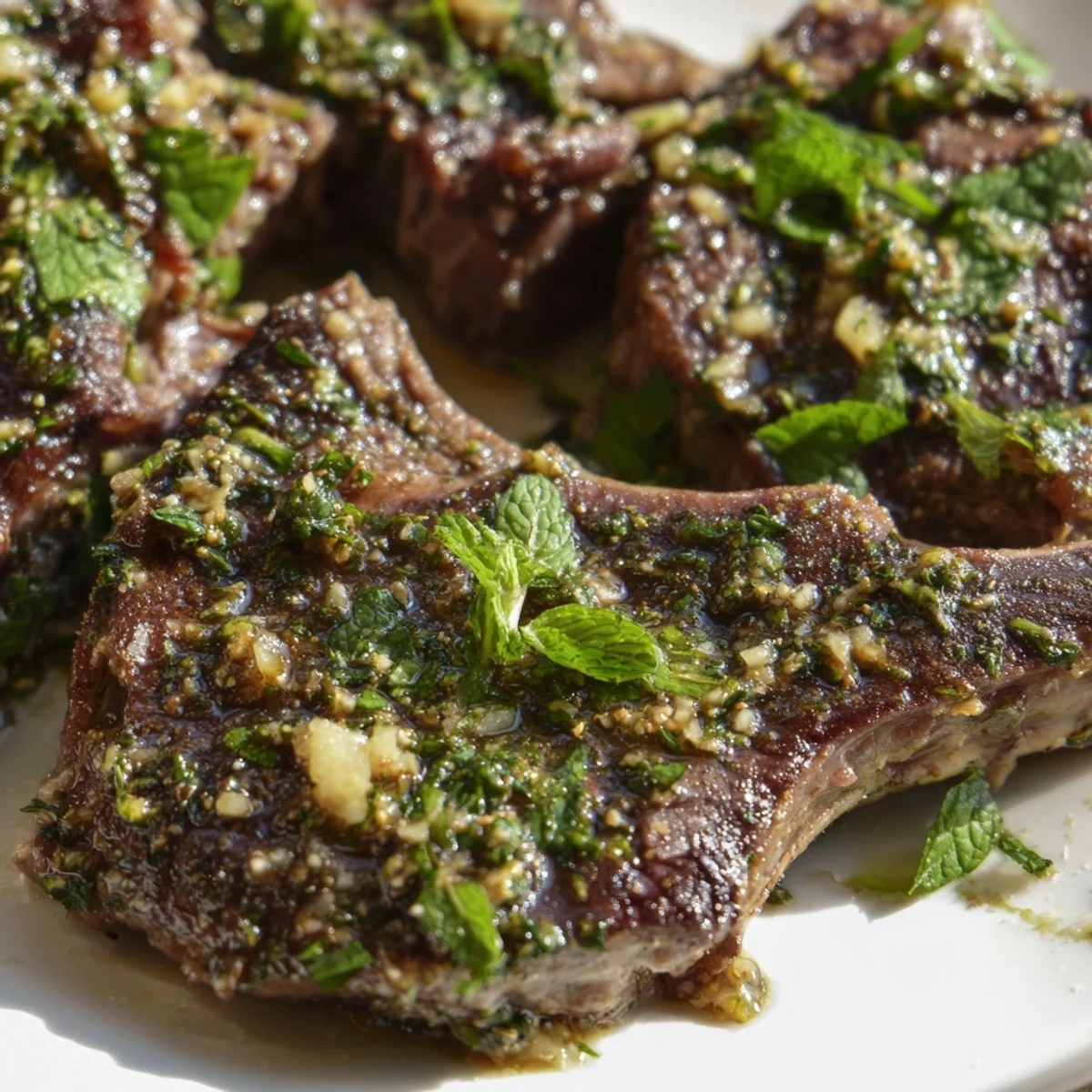 Juicy Mediterranean lamb chops with rosemary and thyme, served alongside lemon wedges for an elegant dinner.