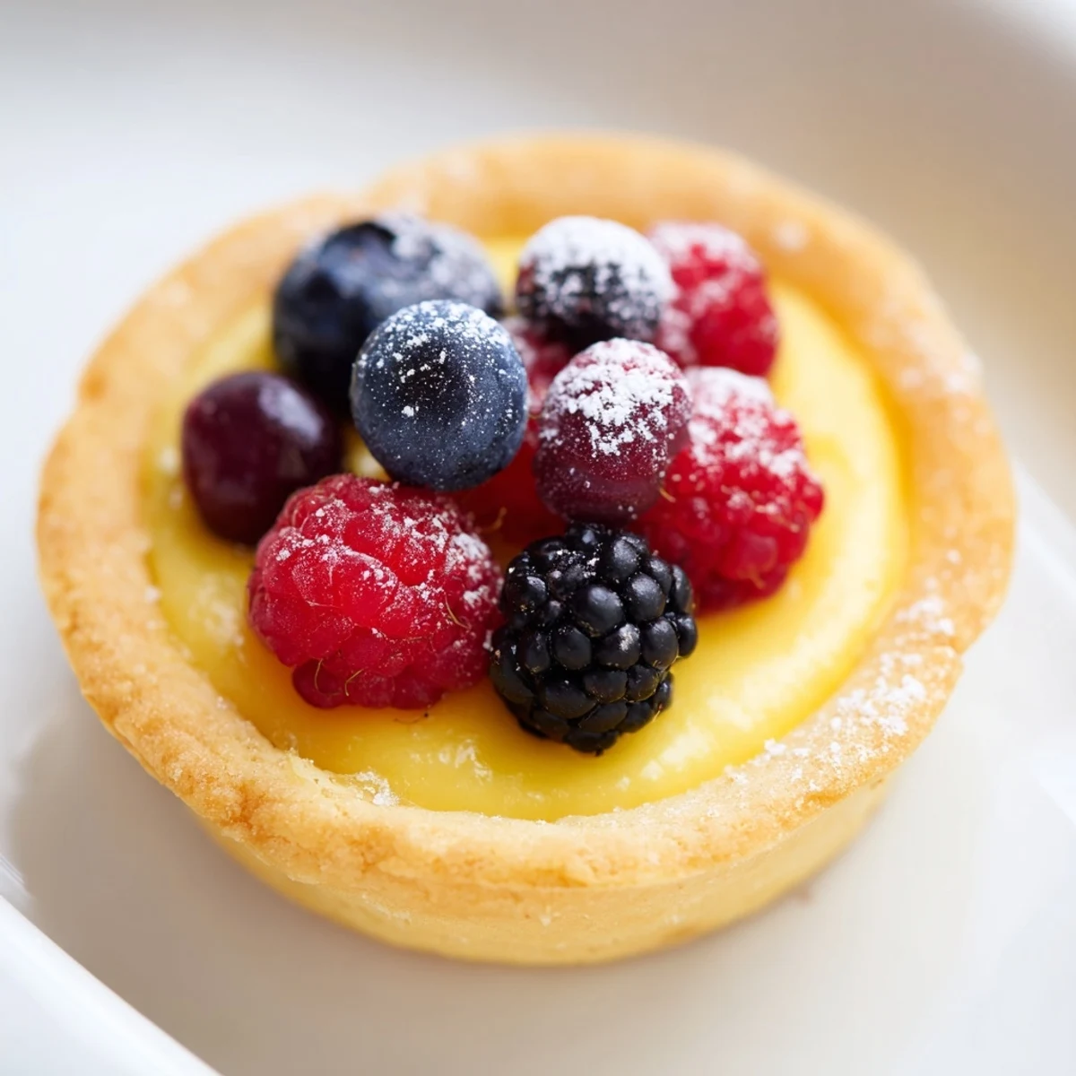 Lemon curd tartlets with fresh berries presented on a rustic wooden table with soft natural lighting.