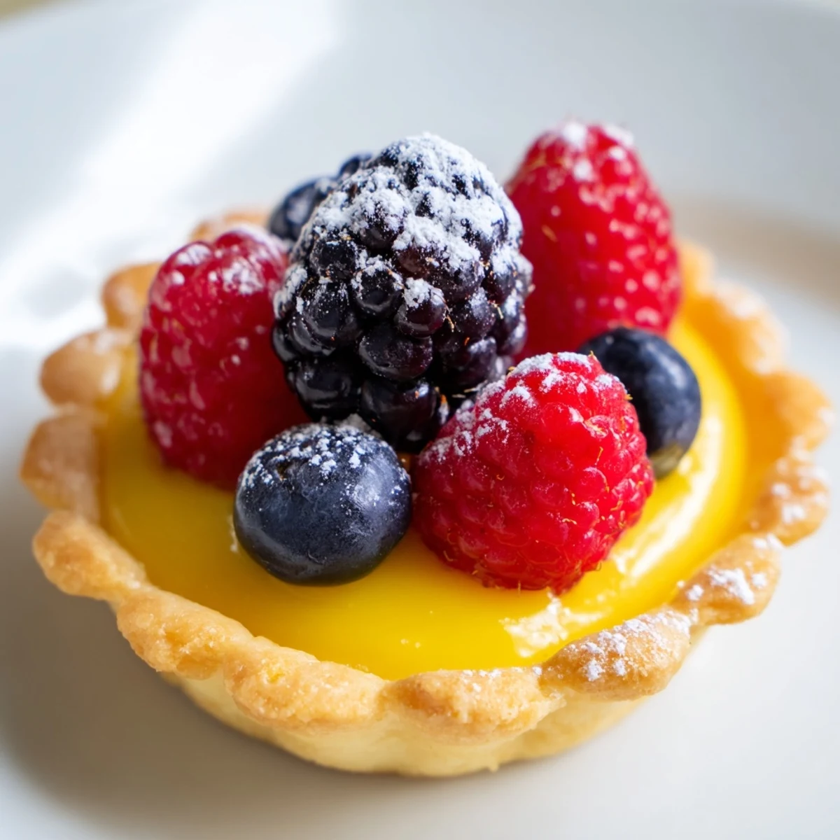 Homemade lemon curd tartlets garnished with mint, ready to serve for an elegant dessert.