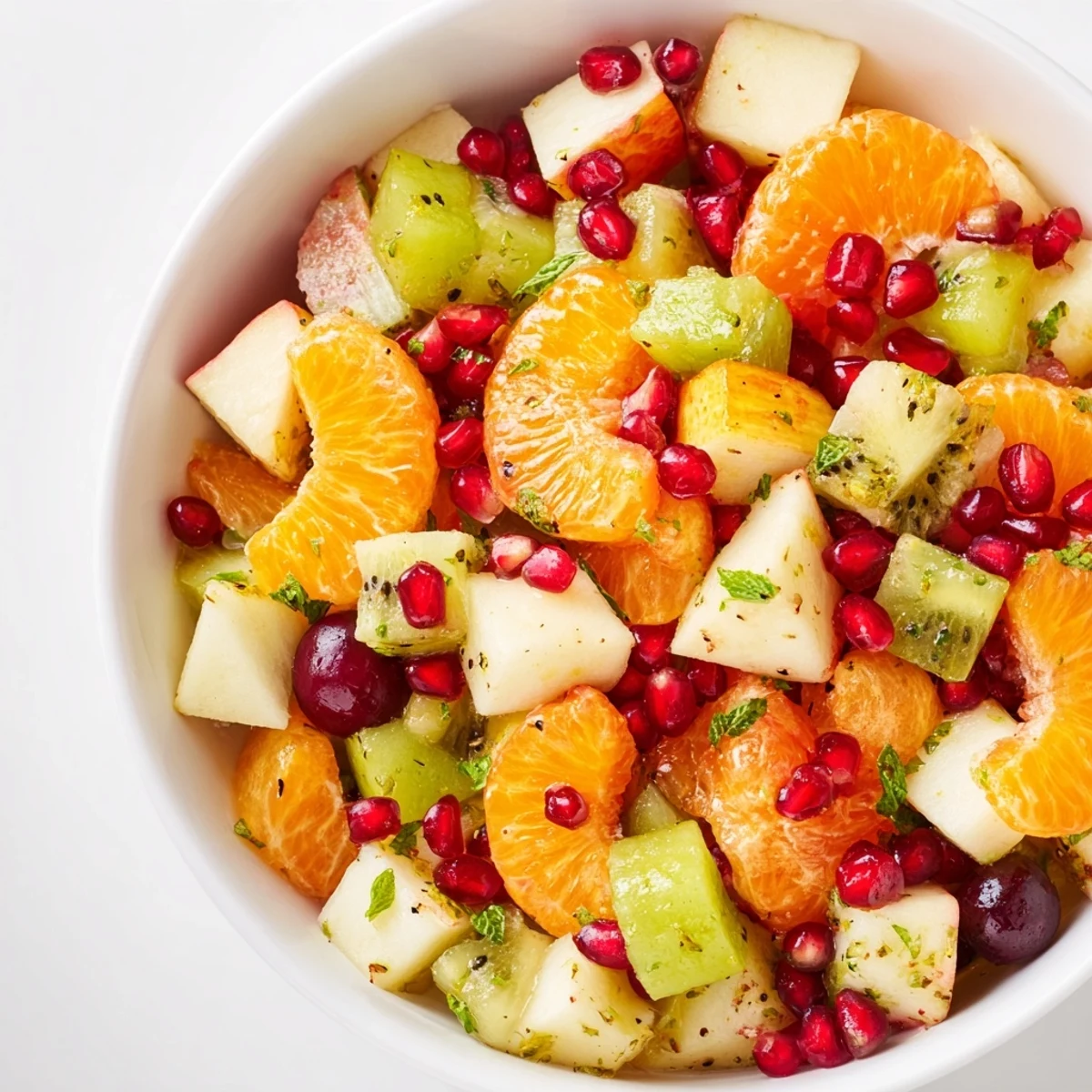 Bright bowl of Winter Fruit Salad with honey-lime mint dressing, garnished with fresh mint leaves.