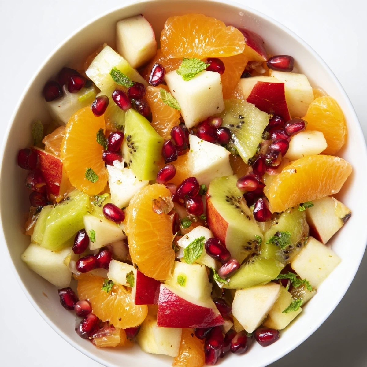 Freshly prepared Winter Fruit Salad featuring colorful fruit pieces tossed in zesty honey-lime mint dressing.