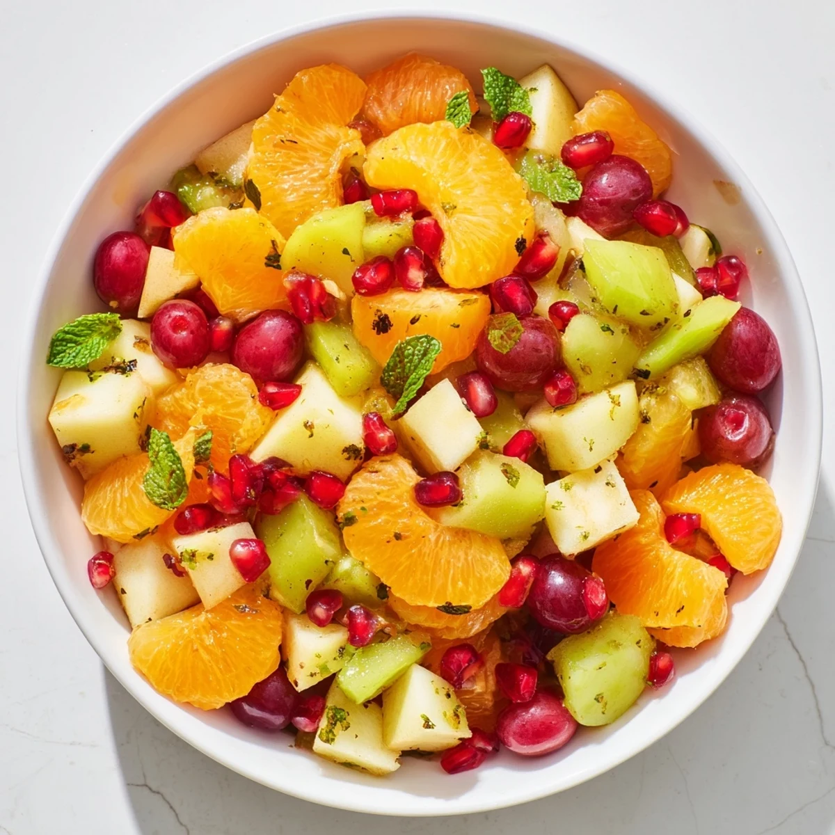 Close-up of Winter Fruit Salad displaying juicy oranges, apples, pears, pomegranate seeds, and kiwi.