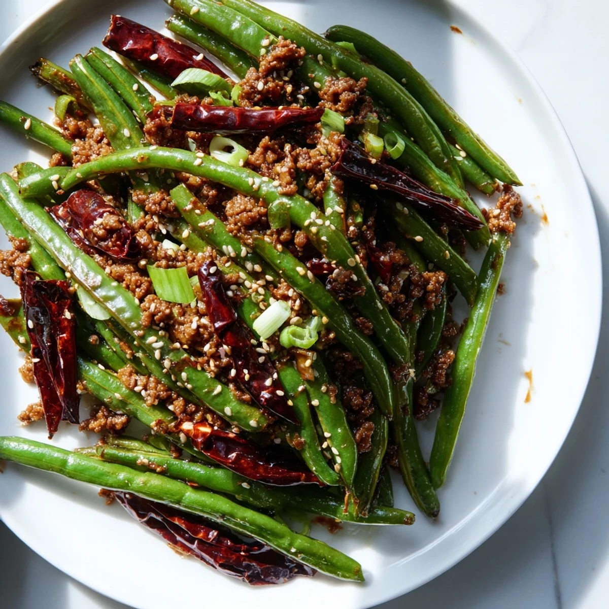 Sizzling Szechuan Green Beans with Minced Beef served alongside fluffy steamed jasmine rice for a complete, spicy meal.