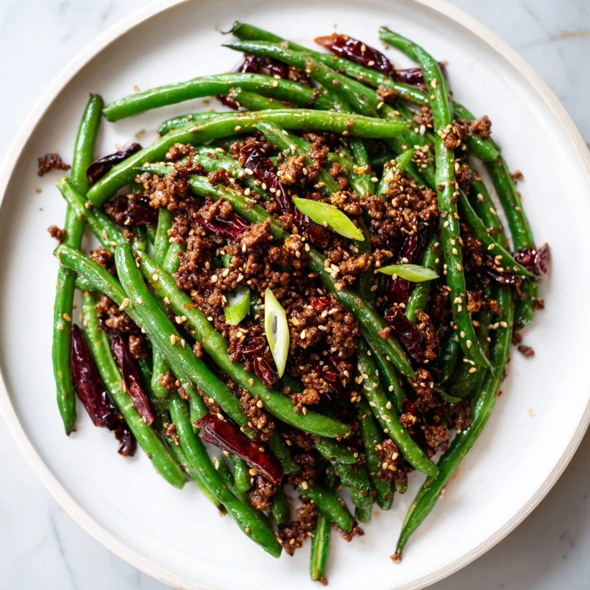 A close-up of the vibrant Spicy Szechuan Green Beans with Minced Beef garnished with sesame seeds and fresh green onions.  