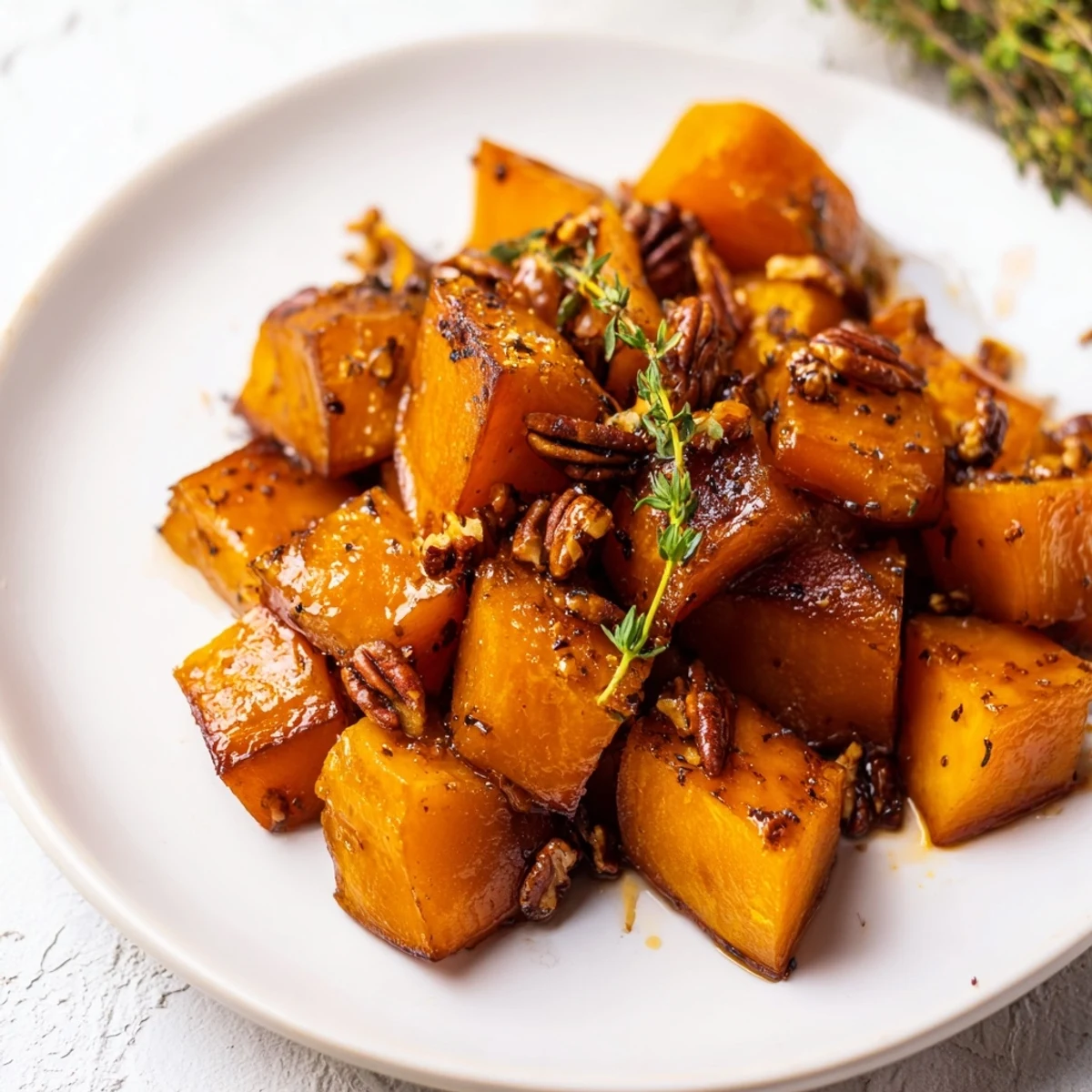 Close-up of caramelized roasted squash topped with fresh parsley and crunchy toasted pecans.