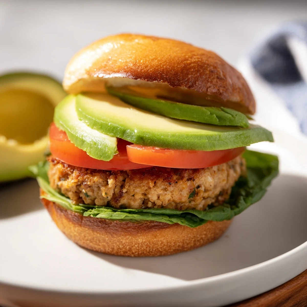 Golden-brown Turkey Burger with Avocado Slices on a toasted bun with crisp lettuce and juicy tomato.