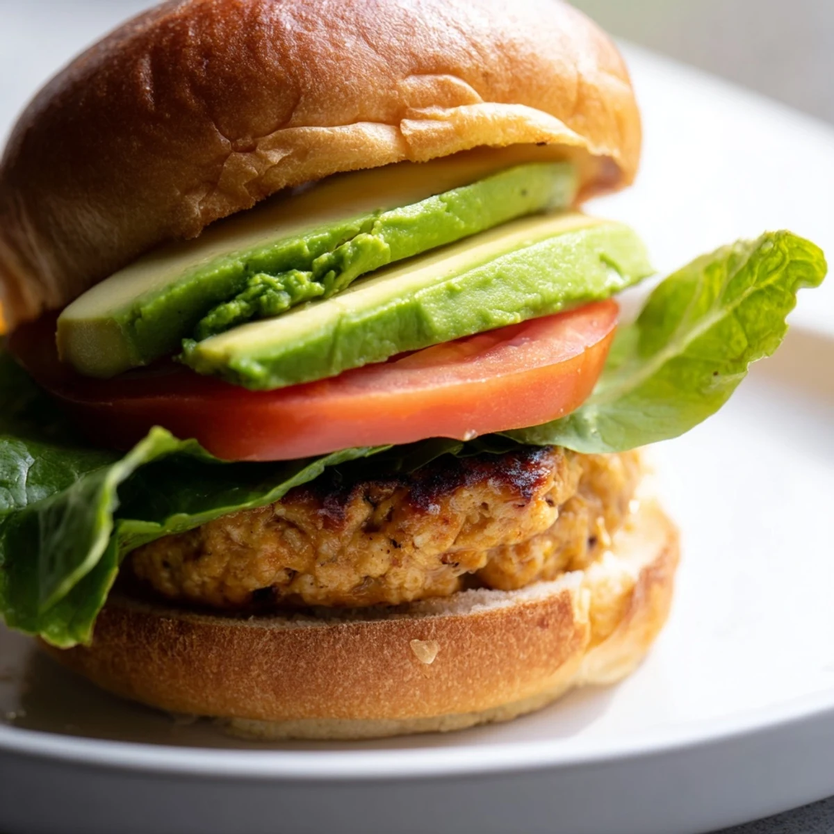 Savory Turkey Burger with Avocado Slices featuring a creamy topping, ideal for a light lunch or dinner.