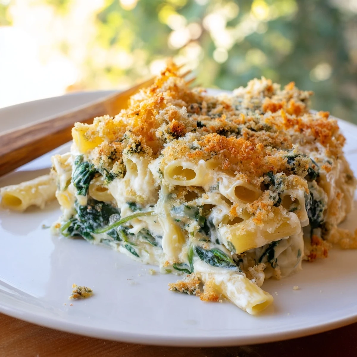 A close view of Creamy Spinach and Cheese Pasta Bake, with melted mozzarella and fresh spinach.  
