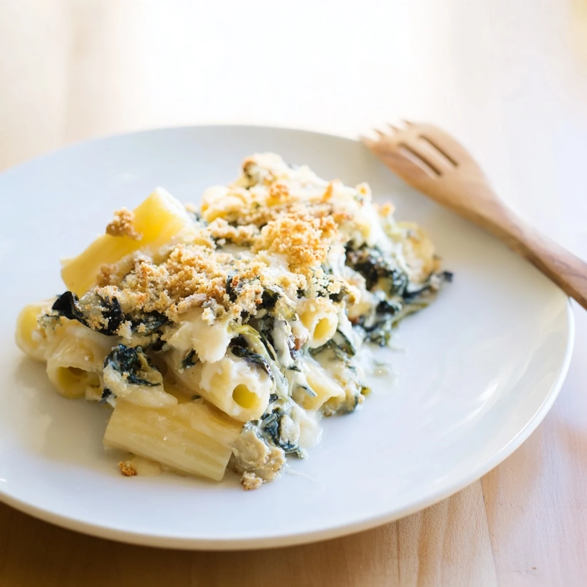 Creamy Spinach and Cheese Pasta Bake, golden and bubbling from the oven, sits ready to serve.  