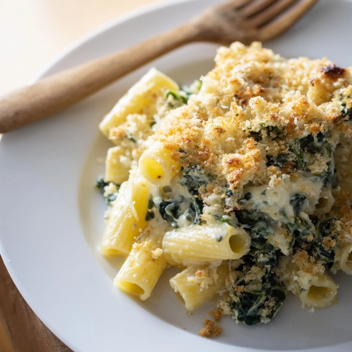 Freshly baked Creamy Spinach and Cheese Pasta Bake, topped with crispy panko and herbs.