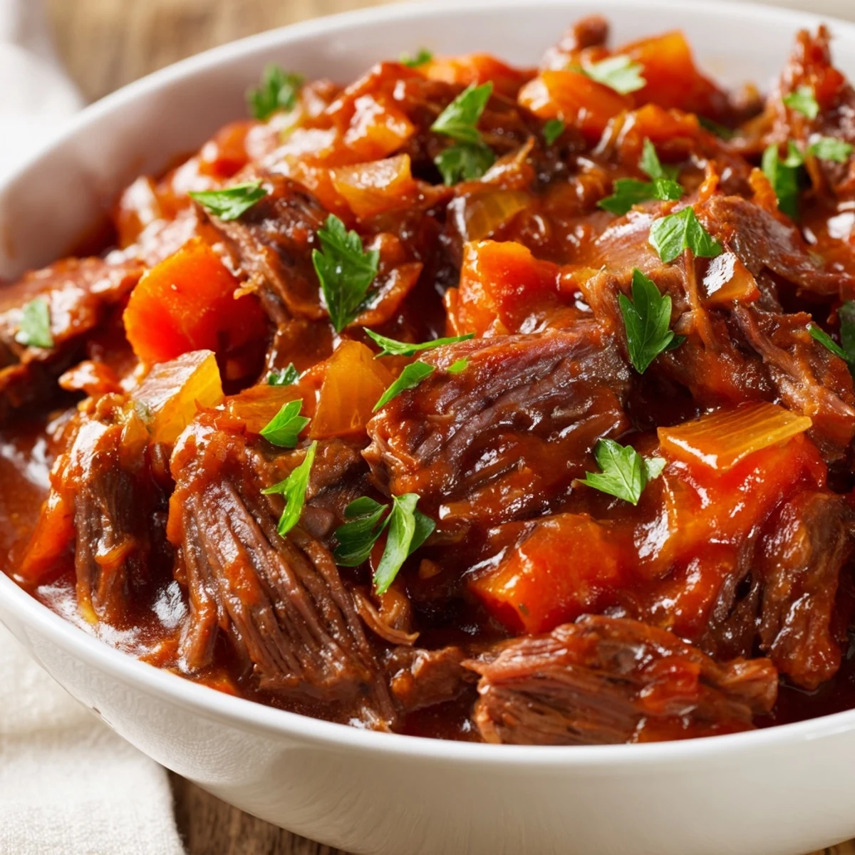 Close-up of slow-cooked shredded beef ragu spooned over pasta, highlighting the thick, savory Italian-inspired sauce.