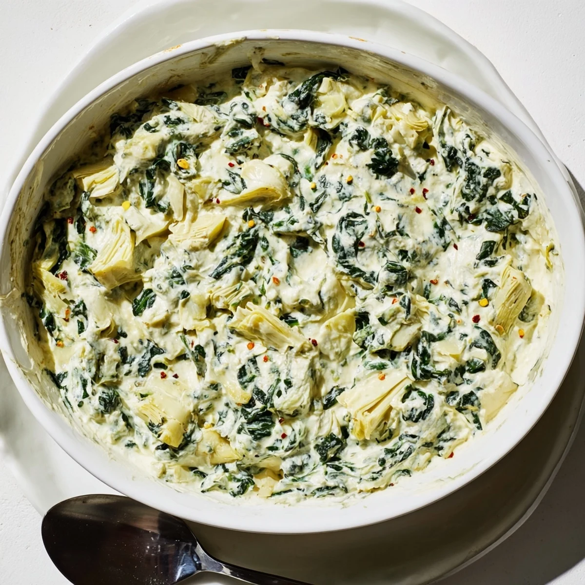 A warm bowl of creamy spinach and artichoke dip, golden and bubbly from the oven, served with crispy tortilla chips.