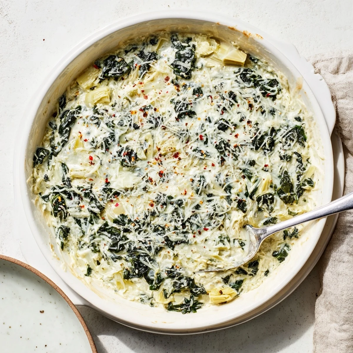 A freshly baked creamy spinach and artichoke dip in a rustic dish, garnished with fresh herbs and ready for a party.