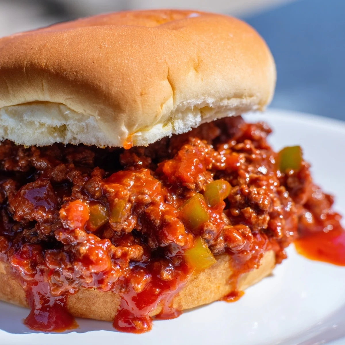 A close-up of homemade Beef Sloppy Joes on a toasted bun, with savory beef and onion mixture spilling over the sides.