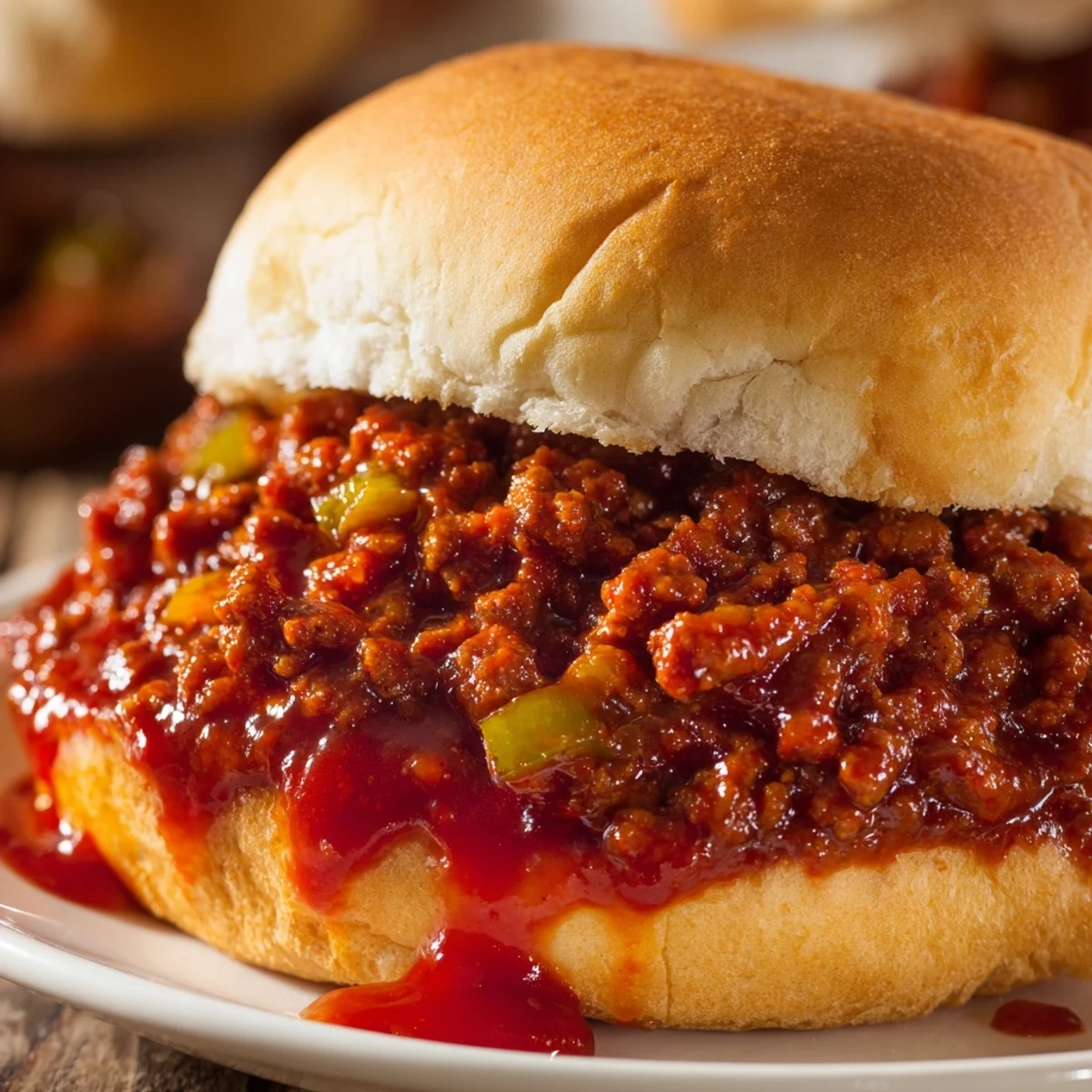 Steaming hot Beef Sloppy Joes on a soft sesame seed bun, garnished with fresh parsley and served on a checkered tablecloth.