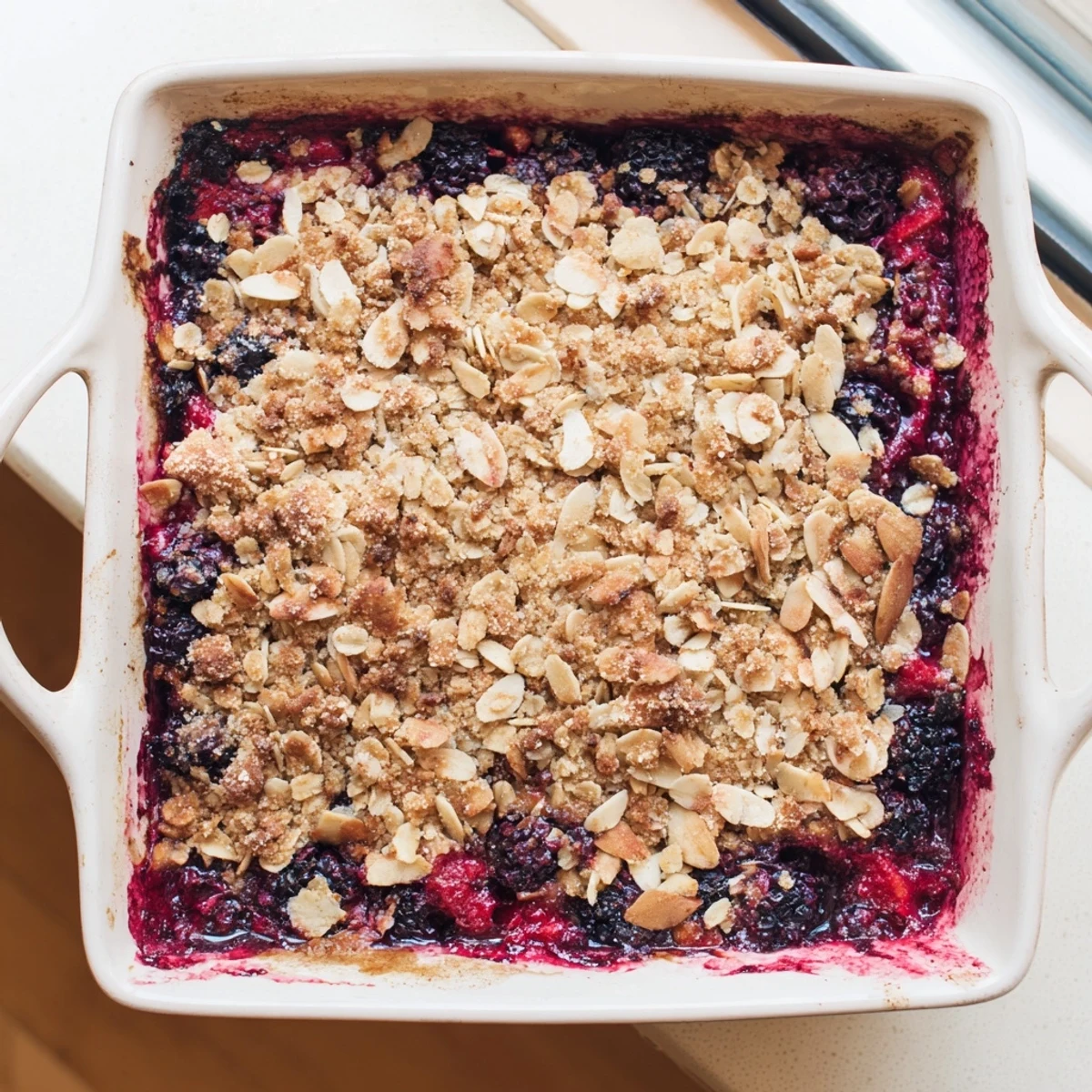 A warm bowl of Winter Berry Crumble with oats and almonds bubbling beside a scoop of vanilla ice cream on a cozy table.