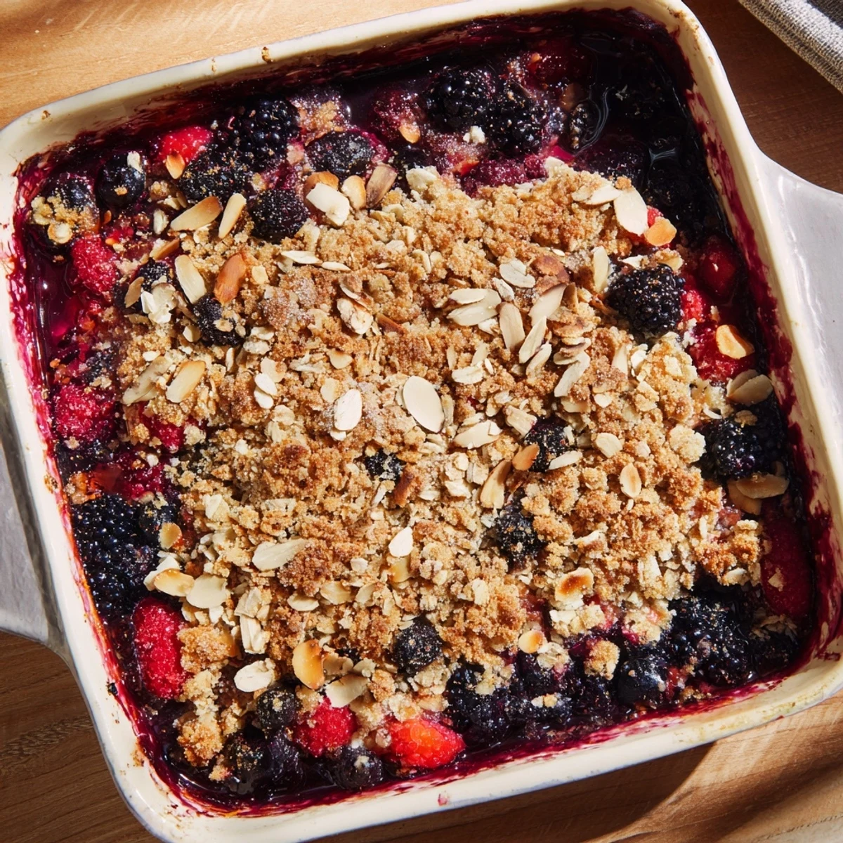 Serving suggestion for Winter Berry Crumble: a spoonful of warm berries and crunchy oats paired with custard on a rustic plate.