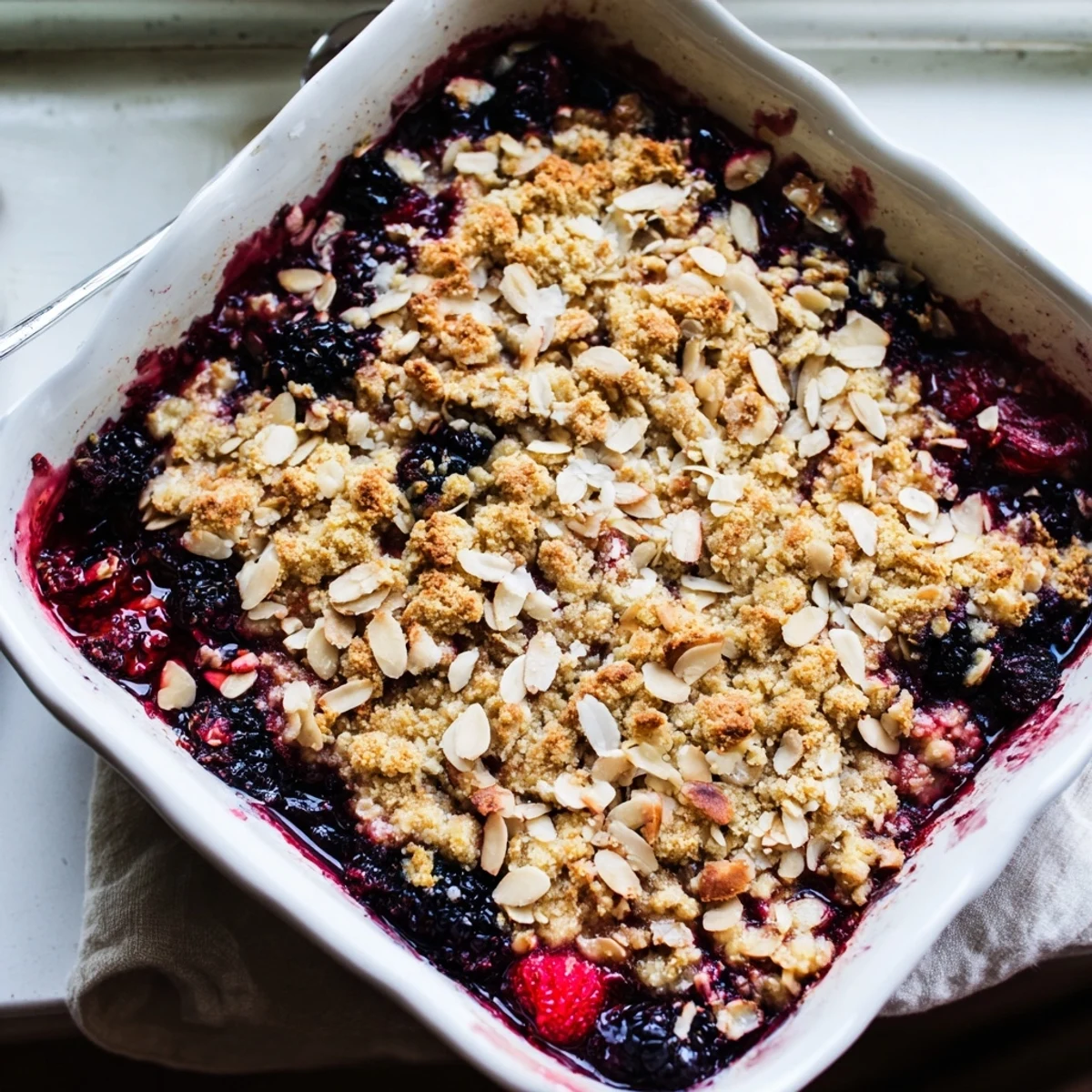 Golden-brown oat crumble topping reveals colorful frozen winter berries and sliced almonds in this freshly baked Winter Berry Crumble dessert.
